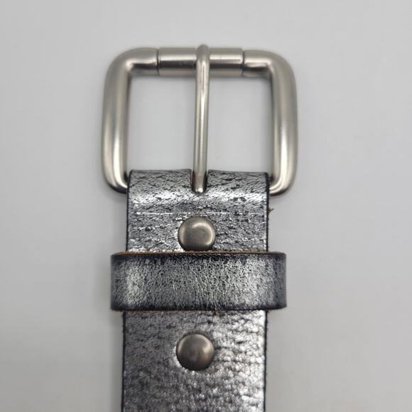 Express Belt Small Silver Leather Metallic Crackle Futuristic Rock Moto Cyber